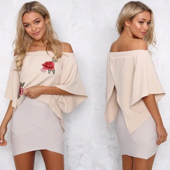 Off Shoulder Split Back Ruffled Sleeve Rose Floral Embroidered Blouse - Picture 2 of 8